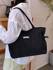 Bolsa de tote de gran capacidad, de unicolor y de pana simple - Negro - Ver 4