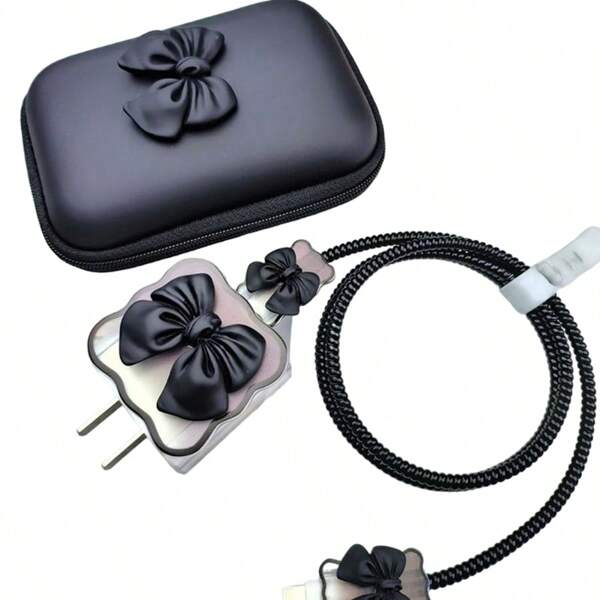Bolsa de almacenamiento para cargador, estuche protector de viaje con diseño 3D de moño y ondas para cargador, organizador de cable de auriculares, caja de almacenamiento para auriculares inalámbricos para vacaciones de verano, actividades al aire libre, organizador de cables, artículos esenciales de viaje