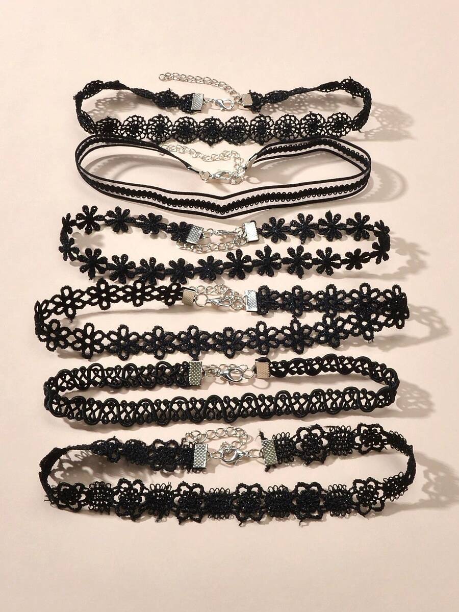 6 件复古黑色镂空花朵蕾丝纹身颈链套装女士派对日常角色扮演饰品 - 黑色 - 查看 1