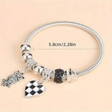 1 Piece Simple Black And White Chess Board Love & Owl Pendant Alloy Bracelet Women's Fashion Bracelet Bangle Female Daily All-Match Bracelet Accessories Birthday Gift Christmas Gift