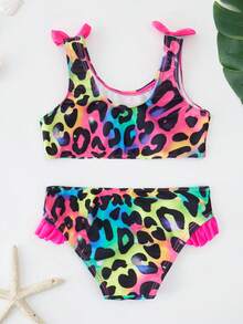 Young Girls Leopard Print Bow Decor Halter Bikini Top And Triangle Bottoms 2Pcs Set - Red - View 2
