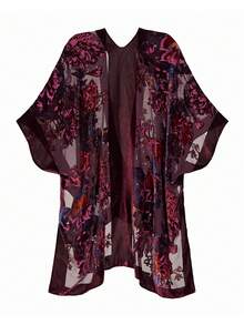 Easter Gift Velvet Kimono Cardigan For Women With Burnout Print, Long Velvet Kimono Swimsuit Cover Up, Burgundy, 1 Size Fits All - 酒紅色 - 查看 2
