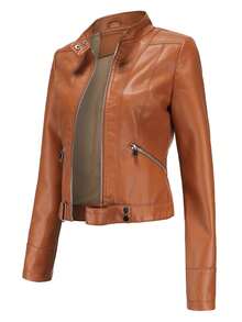 Women's Short Jacket Spring Autumn Stand Collar Thin Faux Leather Jacket D02 - Camel - View 4