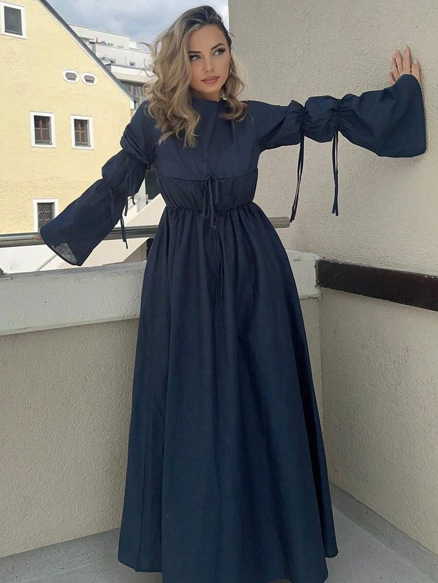 Jeta Ari Autumn New Arrival Pleated Tie Cuff Extra Long Lantern Sleeve Flowy Hem Casual Loose Cotton Dress, Neutral Color, Comfortable And Suitable For Autumn/Winter - Navy Blue - View 1