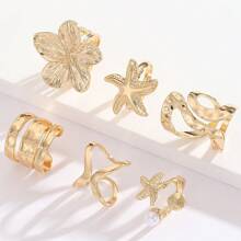 6pcs/Set Fashion Metal Golden Sea Star & Shell Flower Rings Set, Suitable For Gifts, Matching Daily Outfits, Parties, Dates, Beaches