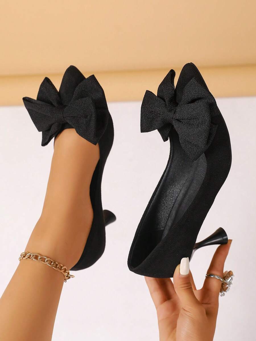 女士经典蝴蝶结装饰休闲办公室百搭高跟鞋 - 黑色 - 查看 1