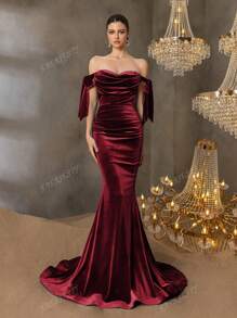 Vestido de noche de sirena de lujo con un solo hombro, con volantes en cascada y detalles de moño - Vestidos de gala formales para eventos de alfombra roja, bodas de lujo, estrenos de teatro, galas benéficas y galas formales, vestido de fiesta, invitado de boda