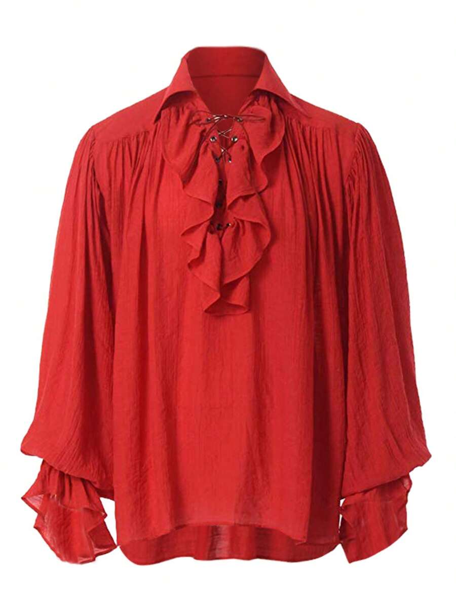Retro Men's Shirt, Ruffle Lace Up V Neck Long Sleeve Solid Color Cosplay Prince Drama Stage Costume - Red - View 1