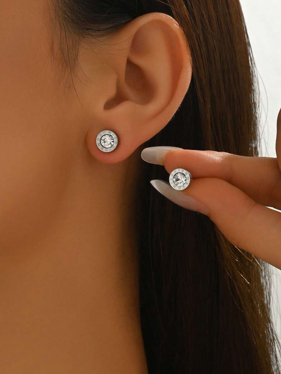 羅馬數字細節水鑽裝飾耳釘 - 銀色 - 查看 1