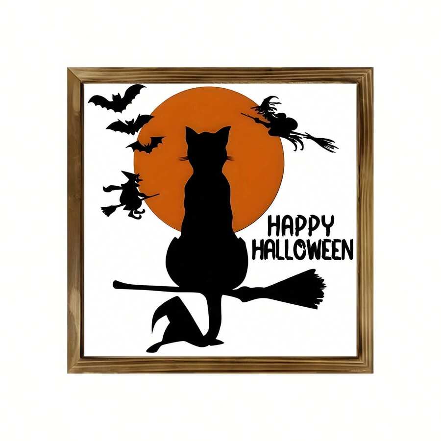 1 PIEZA Decoración de pared de madera de estilo vintage de granja para Halloween - Gato brujo con escoba, murciélago y silueta de calabaza - Decoración de madera natural para interiores/exteriores - Ideas de regalo únicas, para el hogar, la oficina o la cafetería, regalo perfecto para fiestas y vecinos, decoraciones de Halloween