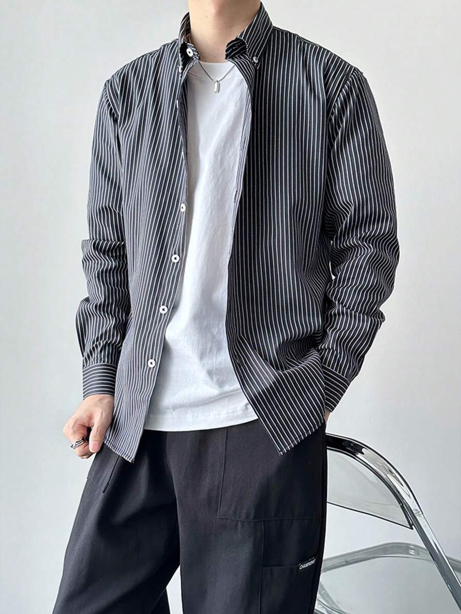 Men's Black & White Striped Contrast Color Casual Everyday Commute Comfortable Long Sleeve Shirt, Autumn, Fall - Multicolor - View 1