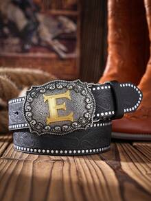 1条波西米亚西部牛仔风格字母压纹金属扣复古黑色PU腰带，适合夏季、学校休闲、商务场合，可作为男友、丈夫、父亲、男士礼物，日常穿着，时尚百搭，适合青少年、户外、度假、运动、旅行、街头、波西米亚风、复古秋季、万圣节秋冬配饰，适合青少年、青年、男士，休闲、户外、运动、度假、毕业礼物、生日礼物、日常穿着 - 黑色 - 查看 19