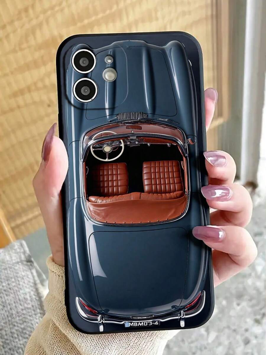 Perforated Edged Blue Vintage Car Printed Anti-Fall Fashionable Phone Case Waterproof Shockproof Scratch Resistant,International Version, Not The Domestic Version