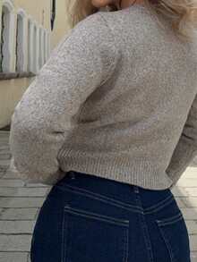 Jeta Ari Autumn And Winter Women's Khaki Round Neck Long Sleeve Single-Breasted Casual Short Wool Knit Thick Cardigan, Short Jumper, Cute Jumper, Fall Women Clothes, Going Out Tops, Business Casual Woman, Fall Sweaters, Office Attire, Basic Sweaters