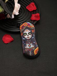 1pc Sugar Horror Skull And Flowers Print Multifunctional Storage Bag Travel Lightweight Portable Zipper Eyeglasses Pouch Soft Spacious Glasses Case For Unisex Eyeglass Frames - Multicolor - View 4