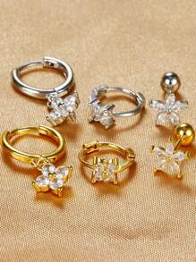 3/6pcs Cubic Zirconia Five Petal Flower Stud Earrings Set For Women Stacking Simple Huggies Cartilage Small Hoop Earring Jewelry