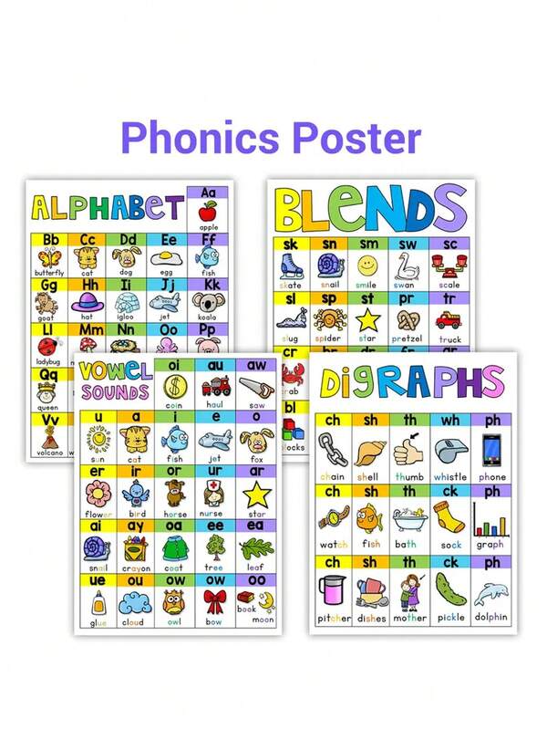 4pcs Colorful Phonics And Spelling Flashcards - A4 Classroom Poster With English Alphabet And Blends, Vibrant Educational Learning Aid Suitable For Youth