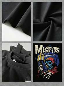 (220G Pure Cotton T-Shirt) 1Pcs Men's Round Neck Short Sleeved Casual Pure Cotton Digital Print Tee With Misfits Graphic - 黑色 - 查看 4