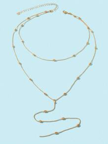 1pc Sexy Long Gold Beaded Double Chain Necklace