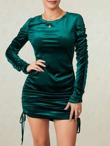 Women's Velvet Bodycon Dress Long Sleeve Crew Neck Solid Color Tight Mini Dress Side Drawstring Dress - Green - View 6