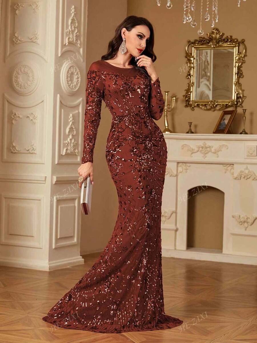 hezixi Vestido de noche de ajuste ceñido con cuello redondo, mangas largas, y bajo de cola de sirena con lentejuelas elásticas. Adecuado para diversos eventos, graduaciones, bodas y diversos banquetes.