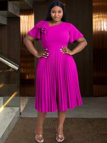 Plus Size Women Asymmetric Neckline Elegant Ruffle Sleeve A-Line Dress, Suitable For Commute, Graduation Ceremony, Church Service, Graduation Gown Summer - Hot Pink - View 6