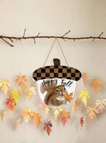 1Pc/110Pcs Rustic Happy Fall Sign Squirrel And Pine Nut Wooden Door Signs Wall Hanging Fall Thanksgiving Door Sign For Farmhouse Harvest Autumn Porch Home Wall Indoor Outdoor Fall Door Decor