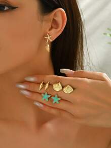 3 Pairs Women Vintage Ocean Themed Seahorse, Starfish, Shell Stud Earring Set, Suitable For Beach & Holiday Wear