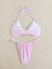 女士夏季海滩度假风纯色拼布格子性感露背系带圆环比基尼套装