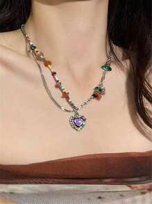 Color Bead Heart Necklace, Vintage Multicolored Stone Enameled Heart Pendant Necklace, Choker Necklace For Girls (Random Color/Placement)