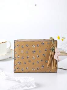 1 carteira curta infantil de poliuretano com zíper, carteira infantil com estampa floral de verão, porta-moedas com borlas na cor macaron, carteira com design de metal em forma de borboleta