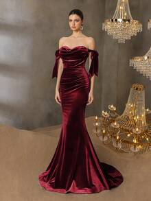 Faeriesty 奢华单肩鱼尾晚礼服,层叠褶饰和蝴蝶结点缀 - 适合红毯活动、豪华婚礼、剧院首映、慈善晚会和正式晚会的正式晚礼服、派对礼服、婚礼宾客礼服 - 酒紅色 - 查看 7