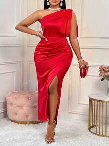 BIUBIU Abito da donna con scollo asimmetrico, arricciature, spacco sulla coscia, in raso di colore rosso, taglia grande, adatto per feste, matrimoni, anniversari