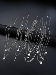 14 件套心形、蝴蝶形、星形、几何形、条形水钻仿珍珠流苏吊坠项链，简约金属风格，多层项链，时尚、优雅、复古设计，适合节日、派对、礼物、日常佩戴 - 銀色 - 查看 3