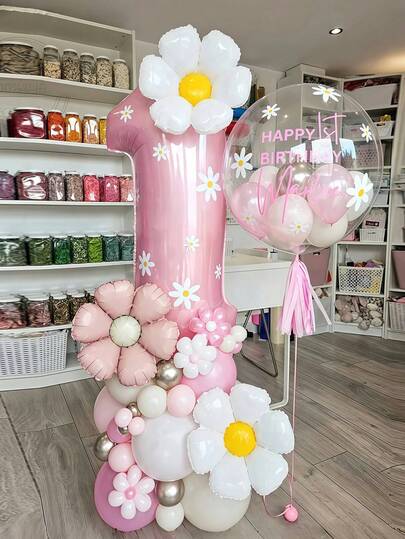 42 piezas Conjunto de globos de pilar de margarita, incluye globos de número rosa de gran tamaño, globos de lámina de girasol, adecuado para decoración de fiesta de cumpleaños, fiesta de niñas, fiesta con tema de jardín, baby shower, reunión en el hogar, decoración de dormitorio