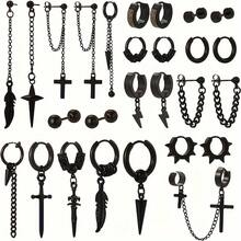 27 件/套不锈钢黑色/银色十字架和羽毛吊坠耳环，男士环形和耳钉耳环套装，朋克风格日常佩戴和节日礼物 - 彩色 - 查看 1