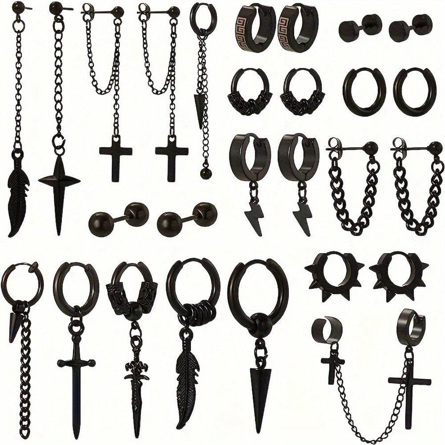 27 件/套不锈钢黑色/银色十字架和羽毛吊坠耳环，男士环形和耳钉耳环套装，朋克风格日常佩戴和节日礼物 - 彩色 - 查看 1