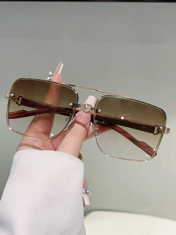 1Pc Women's New Full Frame Square Light Luxury Glasses, Retro Double Bridge Glasses, Imitation Wood Grain Temples, Classic And Fashionable Women's Decorative Glasses