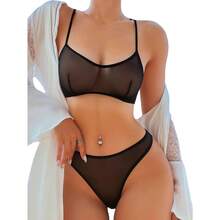 Conjunto de lencería transparente de malla con encaje para mujer, set de 2 piezas de sujetador y pantaleta sexy - Negro sólido - Ver 1