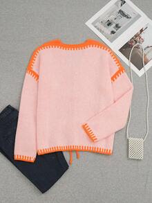 法式女式开衫毛衣，时尚新款秋冬上衣，时尚拼色，领带，可爱，返校，学院风长衬衫，教师，70 年代毛衣，通勤，极简主义，办公室着装，复古，简单，纯色毛衣，秋季上衣，复古外观，温暖，粉色，V 领，落肩长袖，女士休闲拼色长袖针织开衫外套 - 彩色 - 查看 3