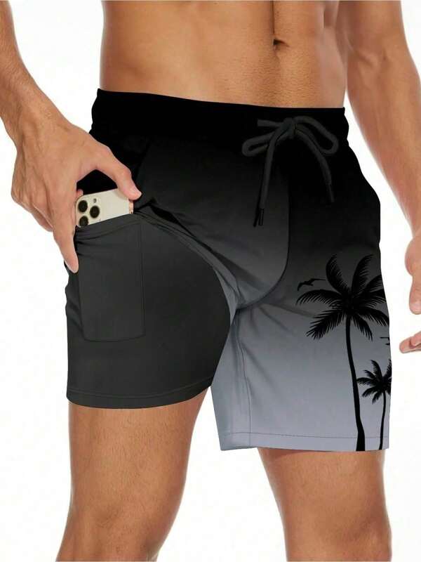Men's Summer Swim Shorts With Compression Lining, Beach Shorts In Black With Pockets, Quick Drying And Breathable, Equipped With Adjustable Drawstring. Suitable For Outdoor Activities Such As Swimming, Surfing, Vacation, Fishing, Etc