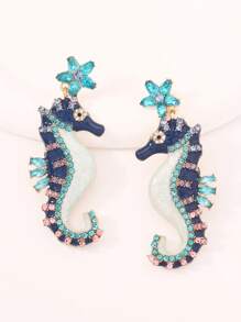 1pc Fashionable Elegant Ocean Holiday Style Geometric Rhinestone Inlaid Star & Seahorse Colored Symmetrical Dangle Earrings