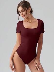 OQQ Women Bodysuits Ruched Short Sleeve Square Neck Stretch Lounge Travel Bodysuits - Red - View 3