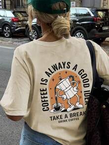 简约时尚咖啡杯印花休闲圆领短袖T恤，百搭适合日常穿着女式上衣，夏季 - 杏色 - 查看 9