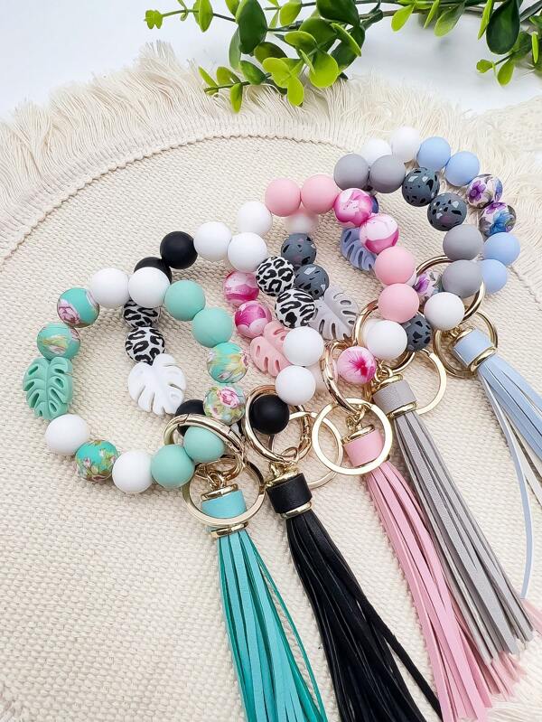 1pc Fashionable Boho-Style Silicone Beaded Keychain - Attractive Leaf Pendant & Colorful Tassel Decor - Perfect Spring/Summer Accessory Gift For Women Car Accessories Bag Charm School Cute Goth Y2k