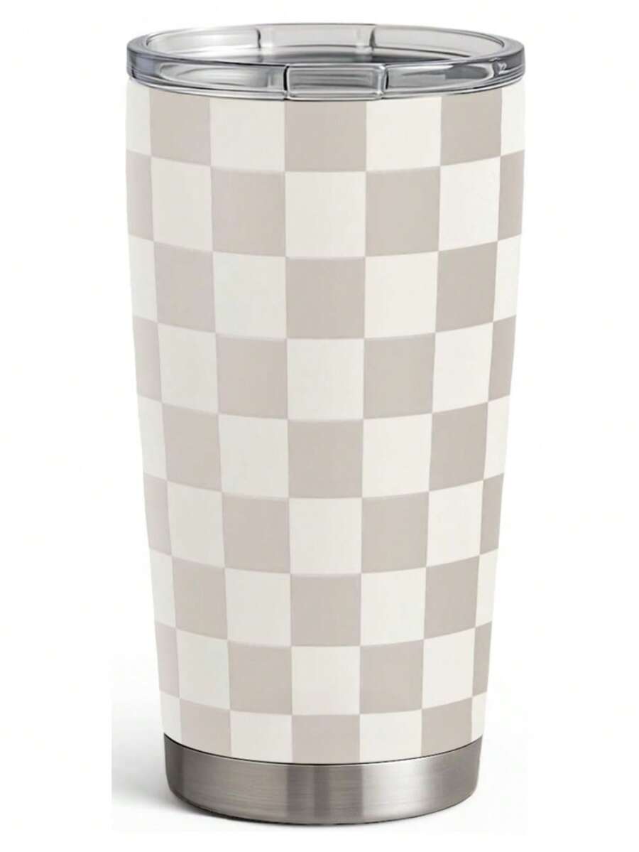 20 Oz Tumbler Mug, Stainless Steel Insulated Coffee Travel Tumbler Mug With Lid, Christmas Birthday Gift For Mom Dad Friends Bestie - Beige Checker - 查看 1