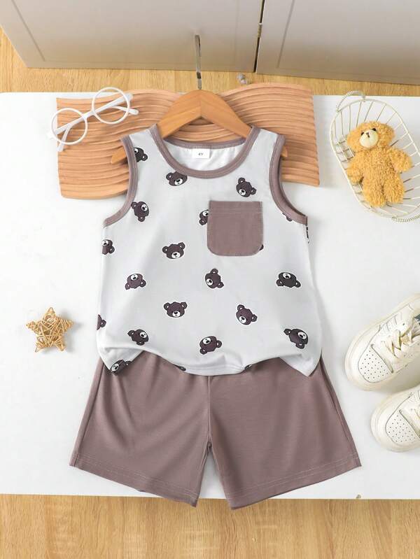 idolCat 2 Stücke/Set Kleine Jungen Süßer Bären Muster Ärmelloses Tanktop mit Tasche und Elastic Taille Shorts Verspielt Bequem für Sommer Alltag, Outdoor, Geburtstag und Party