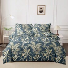 3-Piece Set Plant Leaf Print Duvet Cover Set, Includes 2 Pillowcases And 1 Duvet Cover (No Filling), Deep Blue, Soft, Comfy, Breathable, Suitable For All Seasons, Perfect For Bedroom, Guest Room, And Dorm Decor