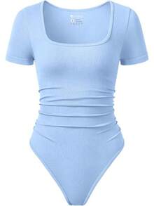 Bodis de mujer OQQ con mangas cortas y cuello cuadrado, con plisados, elásticos, para usar en casa o de viaje - Azul caramelo - Ver 1