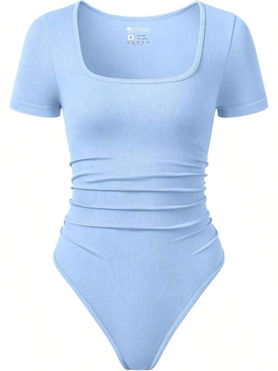 Bodis de mujer OQQ con mangas cortas y cuello cuadrado, con plisados, elásticos, para usar en casa o de viaje - Azul caramelo - Ver 1